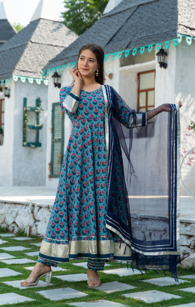 Women's Blue Motif Print Kurta Dupatta Set