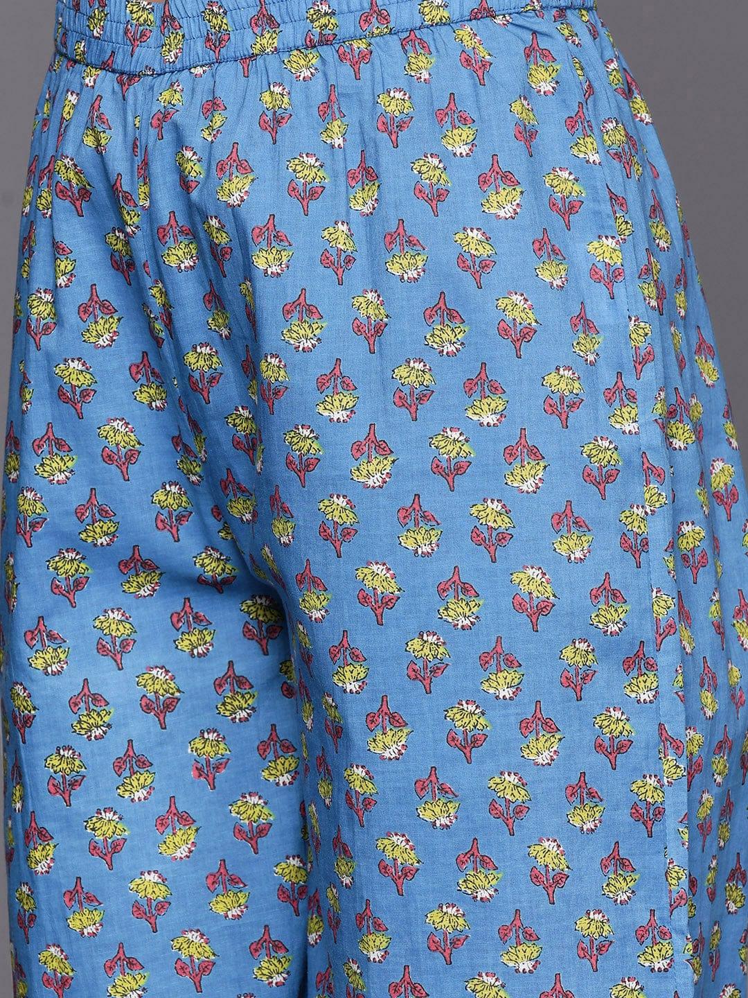 Varanga Women Blue Floral Printed Pure Cotton Kurta with Palazzos & With Dupatta - Indiakreations