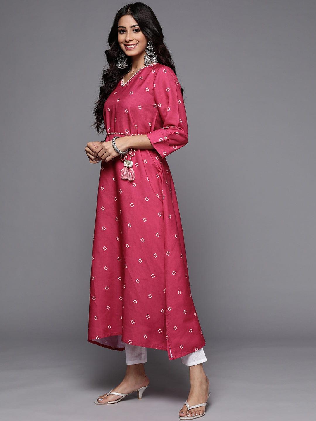 Varanga Women Pink & White Bandhani Printed Thread Work Indie Prints Kurta - Indiakreations