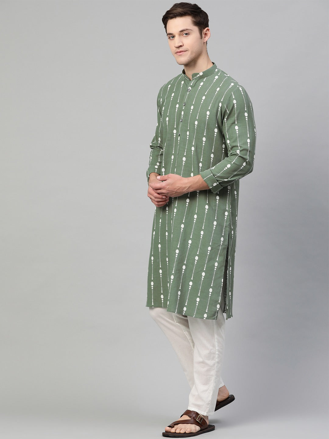 Men's Green & White Printed Straight Kurta With Pyjama - See Designs