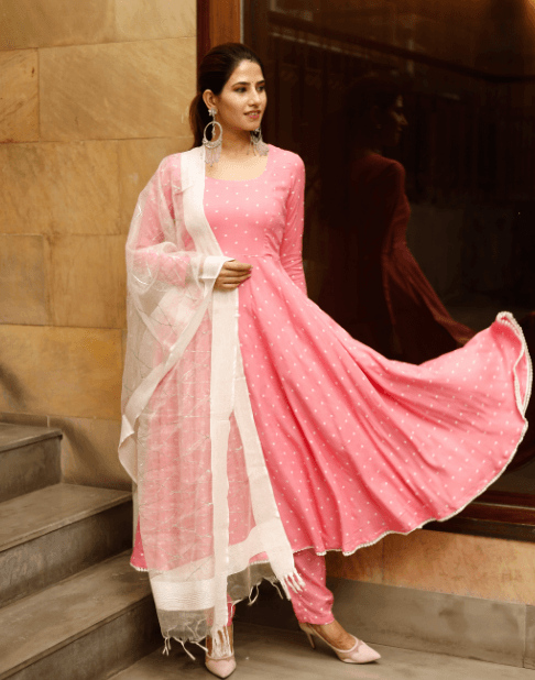 Women's Pink polka print kurta dupatta set - Indiakreations