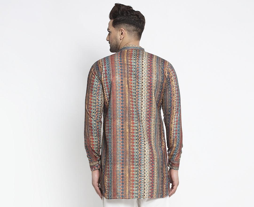 Men's Rust & Multicolor Asymmetric Printed Short Kurta - Benstoke - Indiakreations