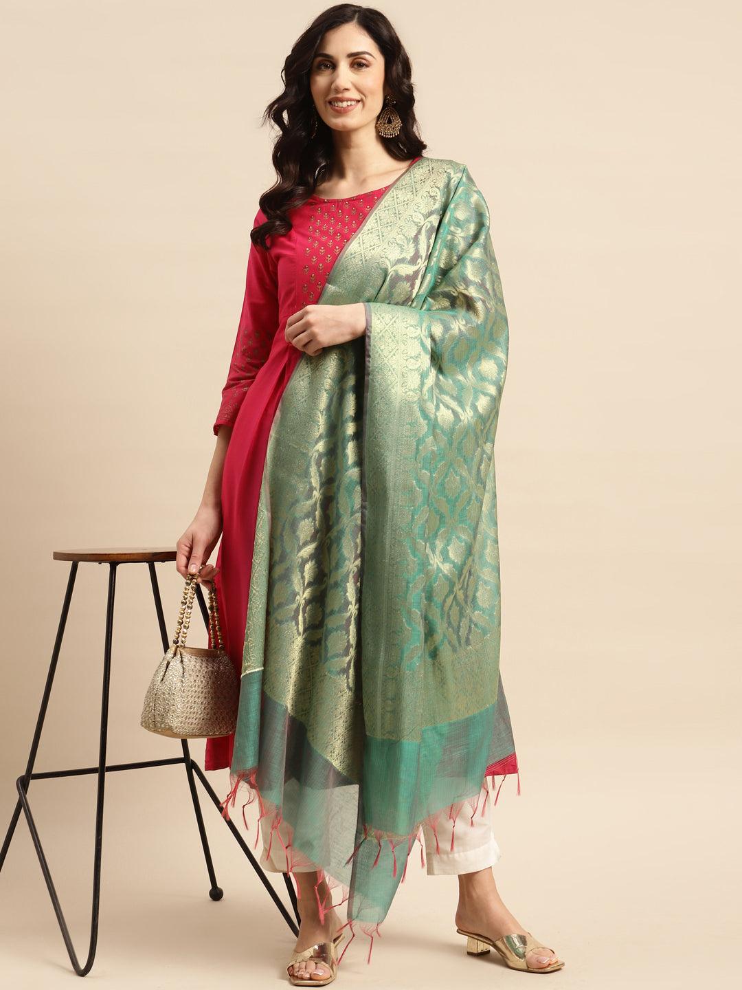 Women's Green Color Ethnic Motifs Woven Design Dupatta With Zari - Varanasi - Indiakreations