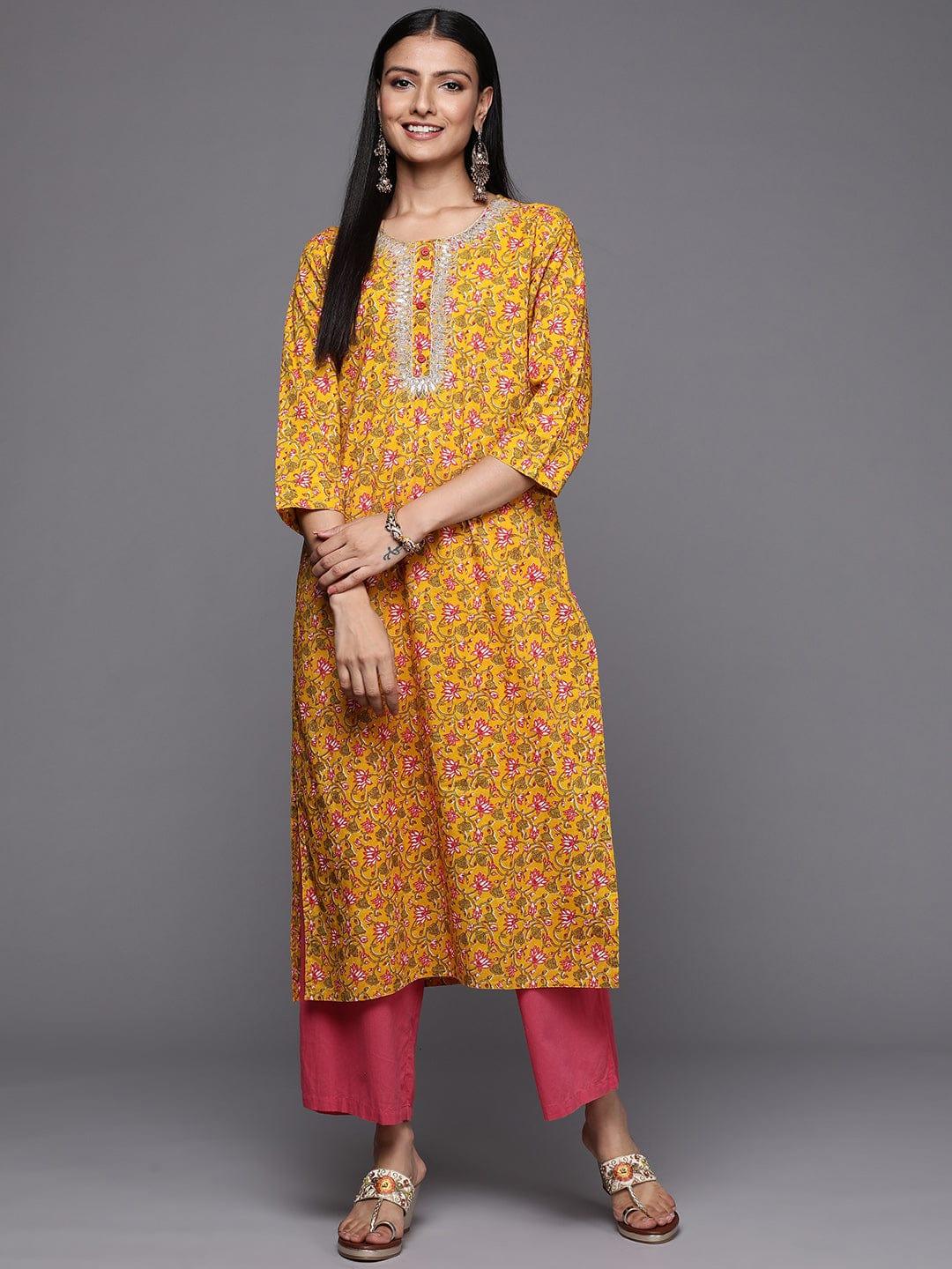 Varanga Women Mustard Yellow & Green Ethnic Motifs Printed Gotta Patti Indie Prints Kurta - Indiakreations