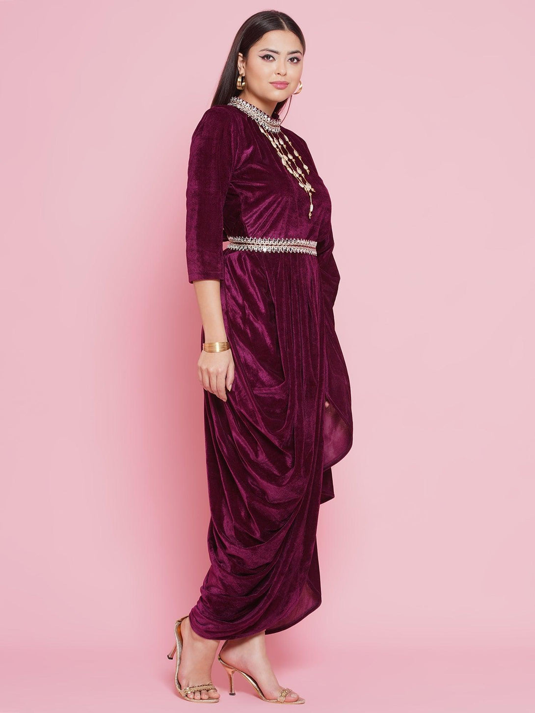 Women's Burgundy Velvet Kurta With Attached Neckalace,Belt And Pant - Women Republic - Indiakreations