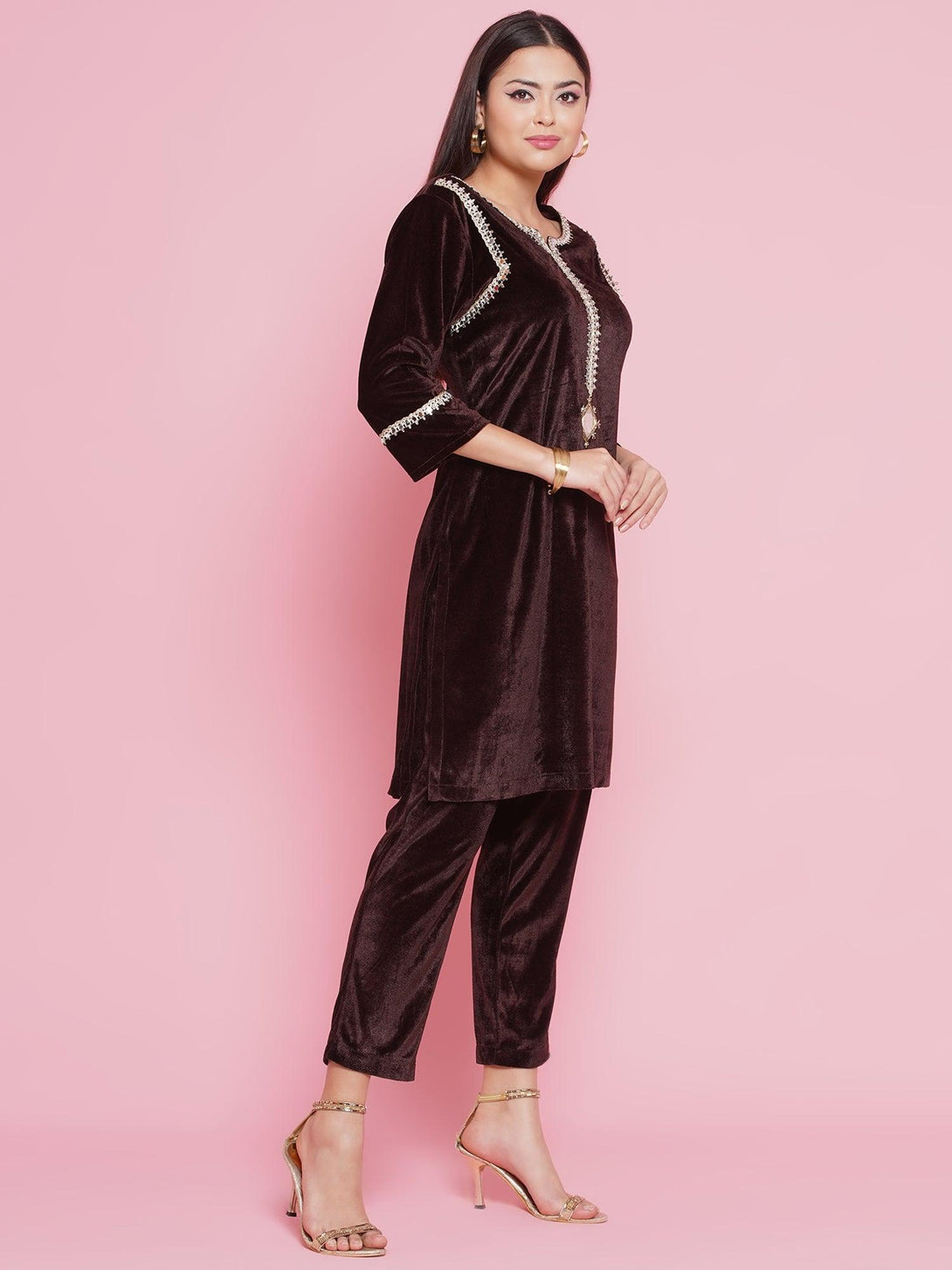 Women's Brown Velvet Embellished Co-Ord Set - Women Republic - Indiakreations