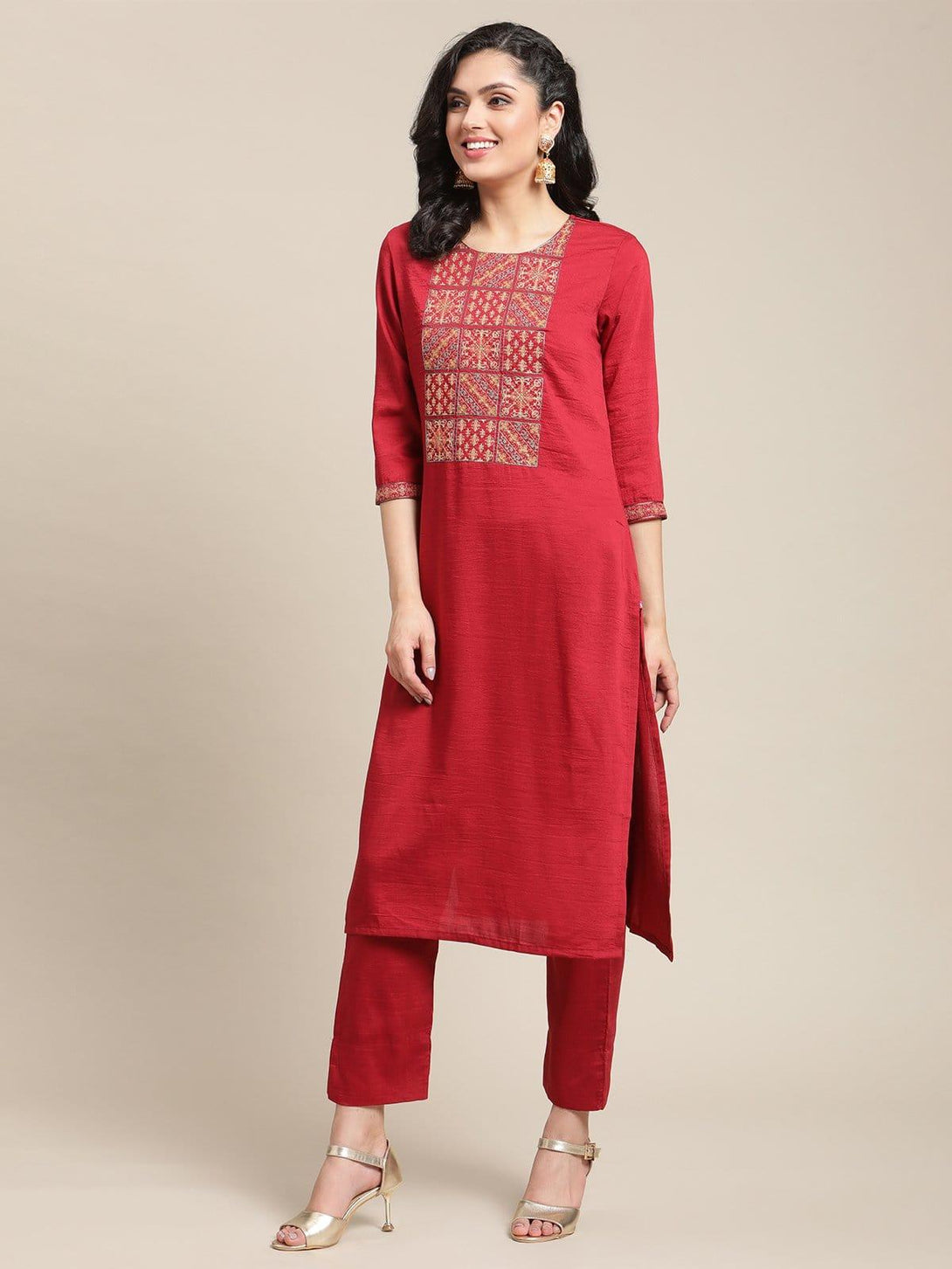 Women Maroon & Green Floral Yoke Design Thread Work Kurta & Trousers & Dupatta - Indiakreations