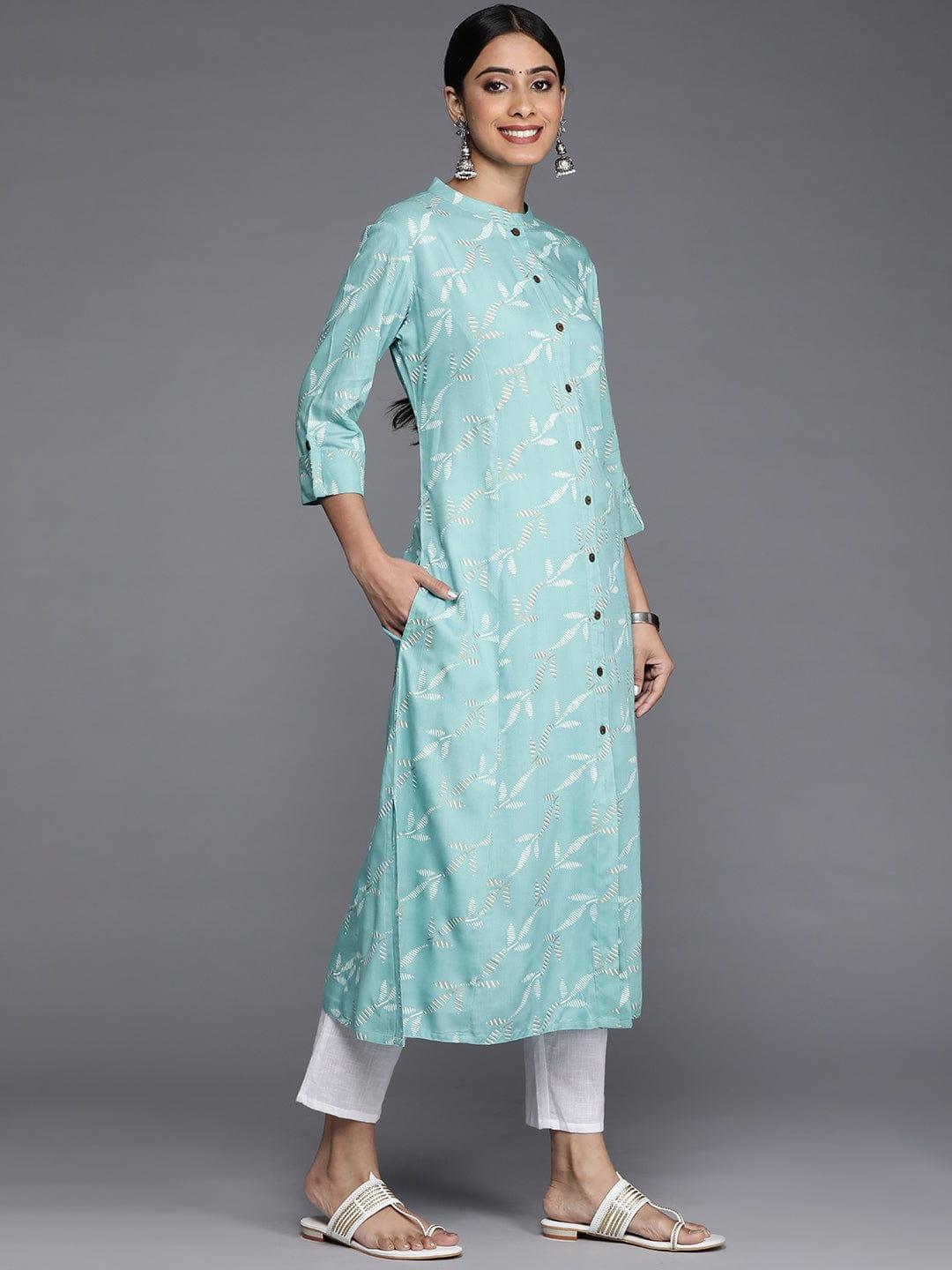 Varanga Women Turquoise Blue & White Floral Printed Kurta - Indiakreations