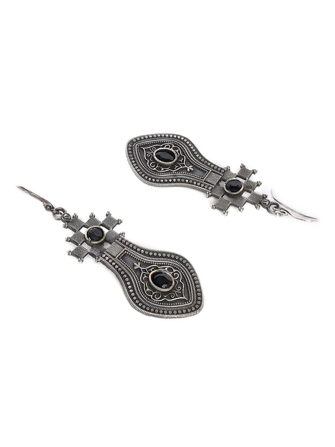 Women's Black stone studded & Silver-Toned Contemporary Drop Earrings - Jazz and Sizzle - Indiakreations