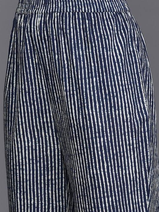 Varanga Women Blue & White Striped Mirror Work Pure Cotton Kurta with Trousers - Indiakreations