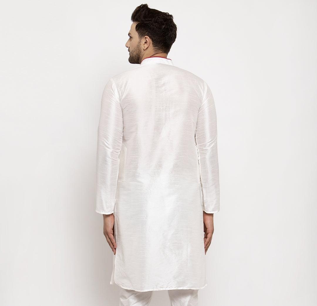 Men's Silk Blend White Straight Long Kurta - Benstoke - Indiakreations