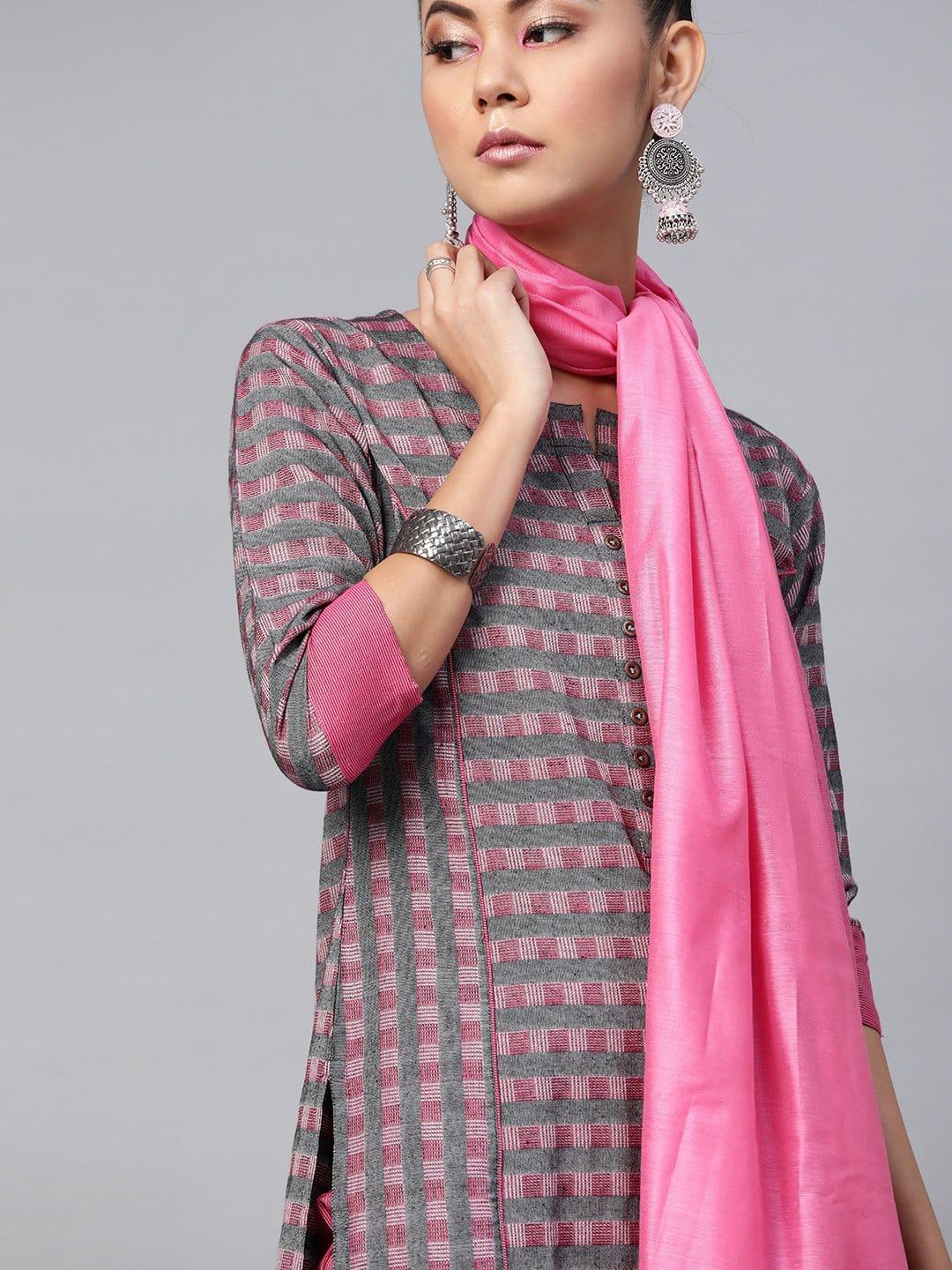 KSUT Grey And Pink Stripe Woven 3/4Th Sleeves Kurta With Slip On Trouser With Pink Silk Dupatta - Indiakreations