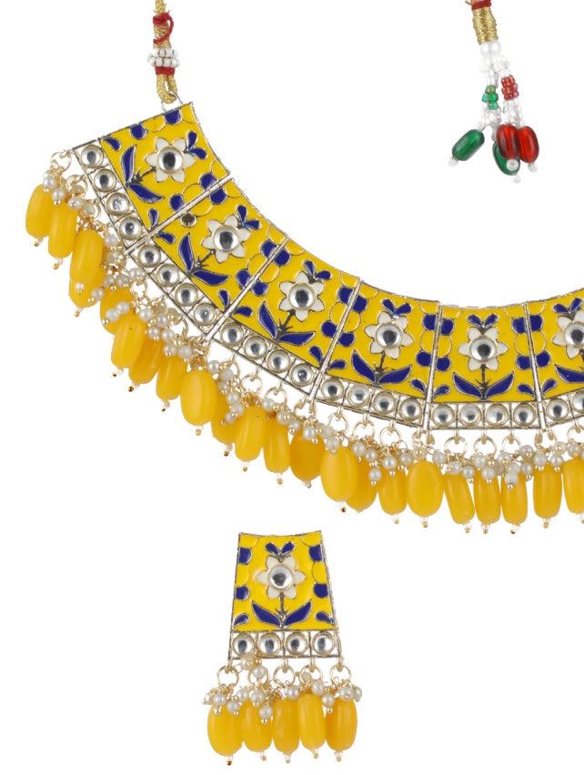 Women's Gold-Plated Yellow Meenakari & Pearl Beaded Choker Jewellery Set - Jazz And Sizzle - Indiakreations