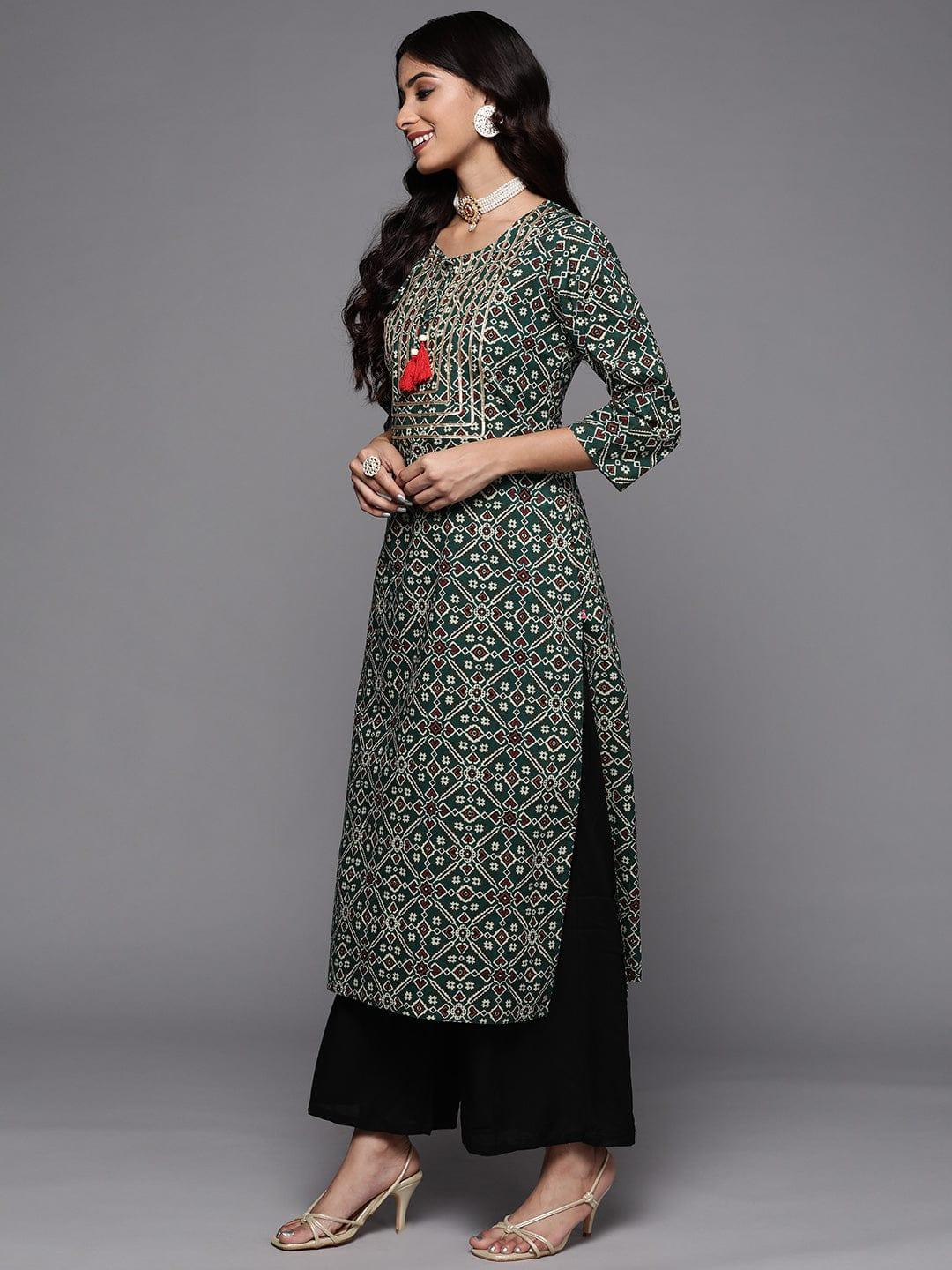 Varanga Women Green & Gold-Toned Ethnic Motifs Printed Thread Work Indie Prints Kurta - Indiakreations