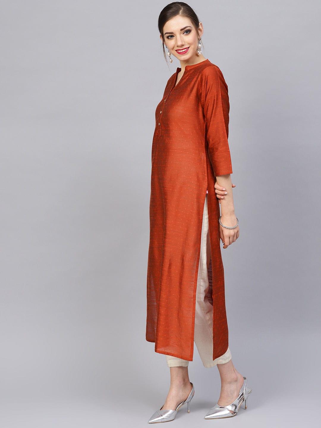 Women Rust Orange Dobby Woven Design Straight Kurta - Indiakreations