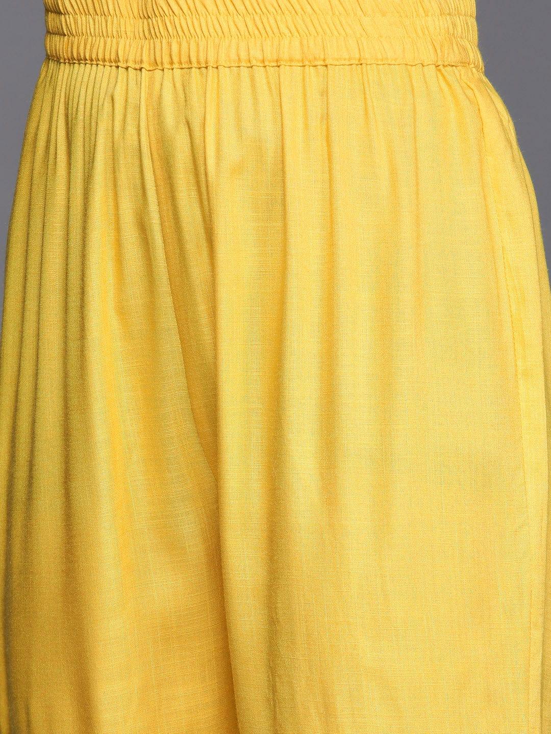 Varanga Women Yellow Yoke Design Mirror Work Kurta with Trousers & Dupatta - Indiakreations