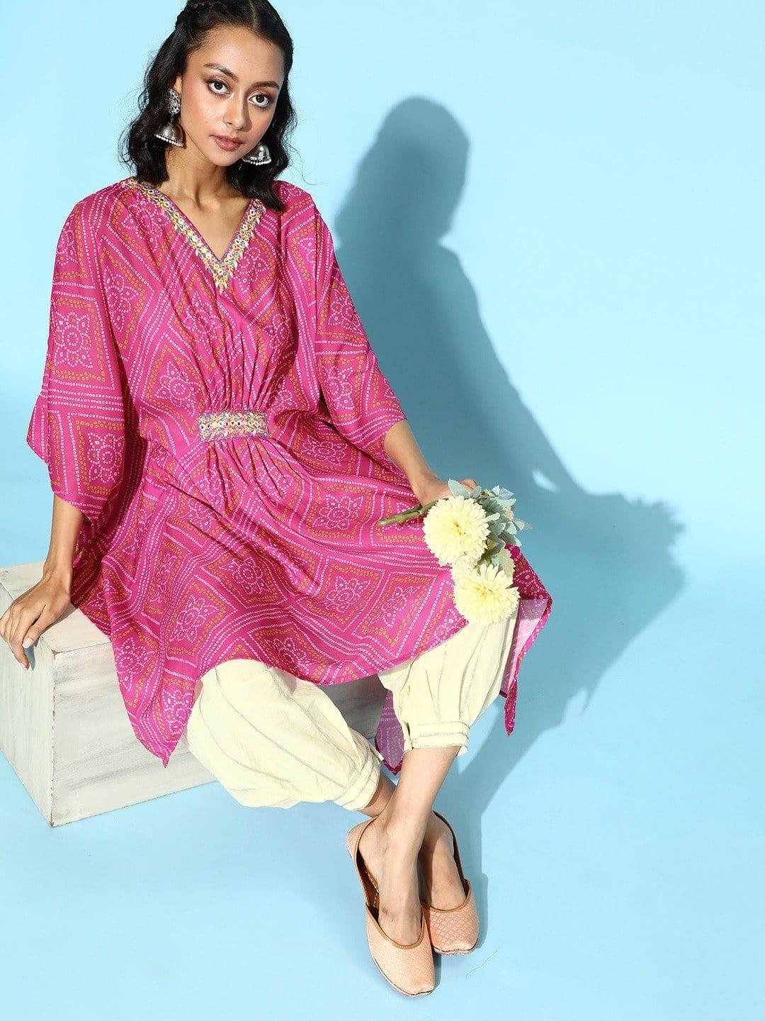 Pink Bandhej Printed Kaftan With Resham Embroidery And Gota Embellished Ballon Trouser - Indiakreations