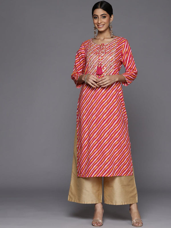 Varanga Women Pink & Yellow Leheriya Printed Gotta Patti Indie Prints Kurta - Indiakreations