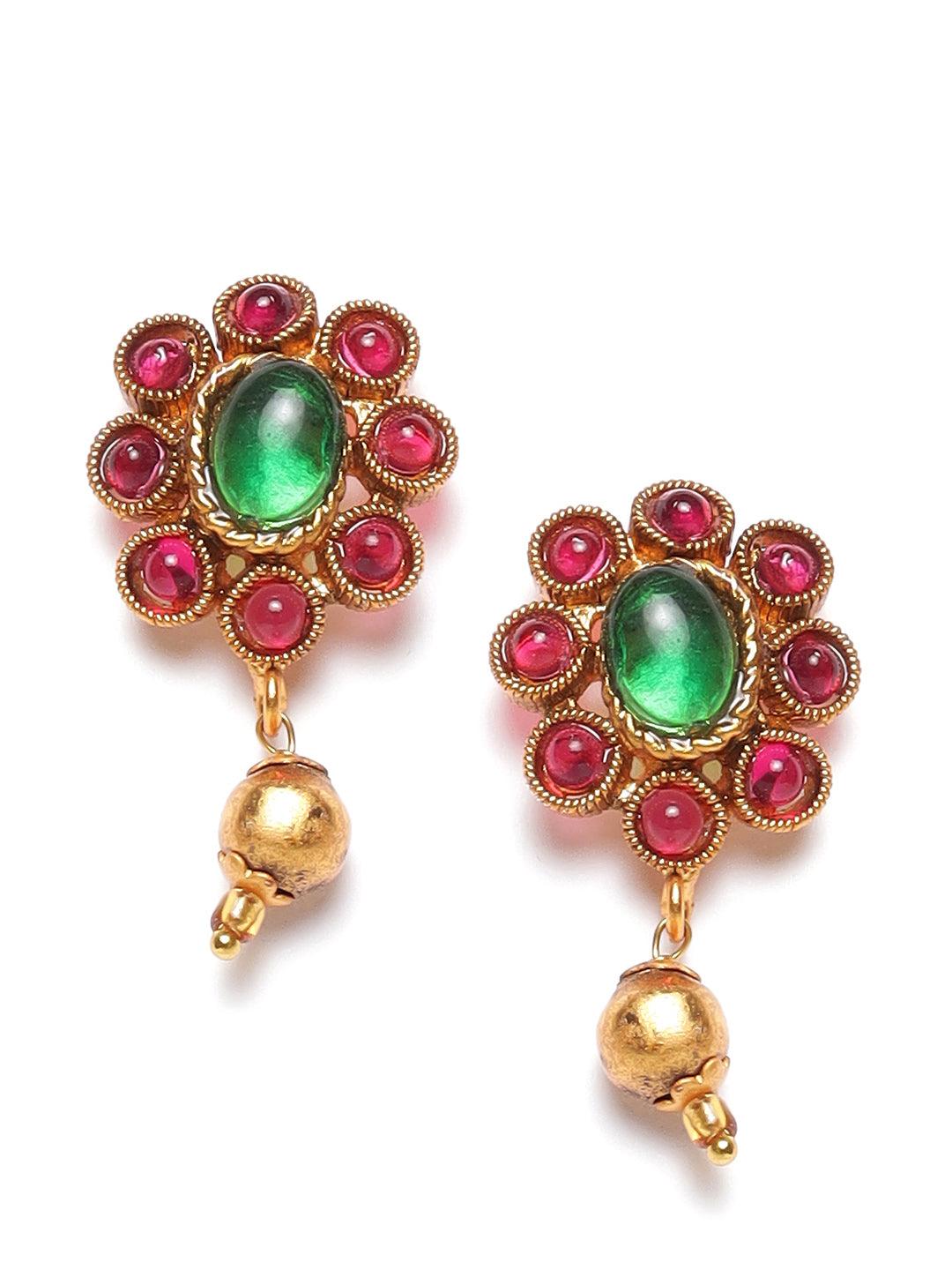 Women's Gold-Plated Pink & Green Stone-Studded & Beaded Handcrafted Jewellery Set - Jazz and Sizzle - Indiakreations