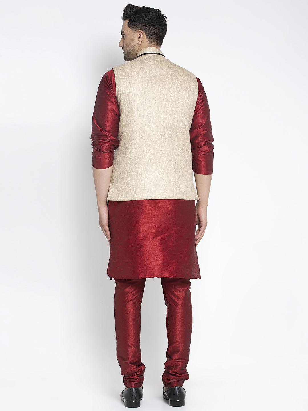 Men's Silk Blend Maroon Kurta With Pyjama & Beige Nehru Jacket - Benstoke - Indiakreations