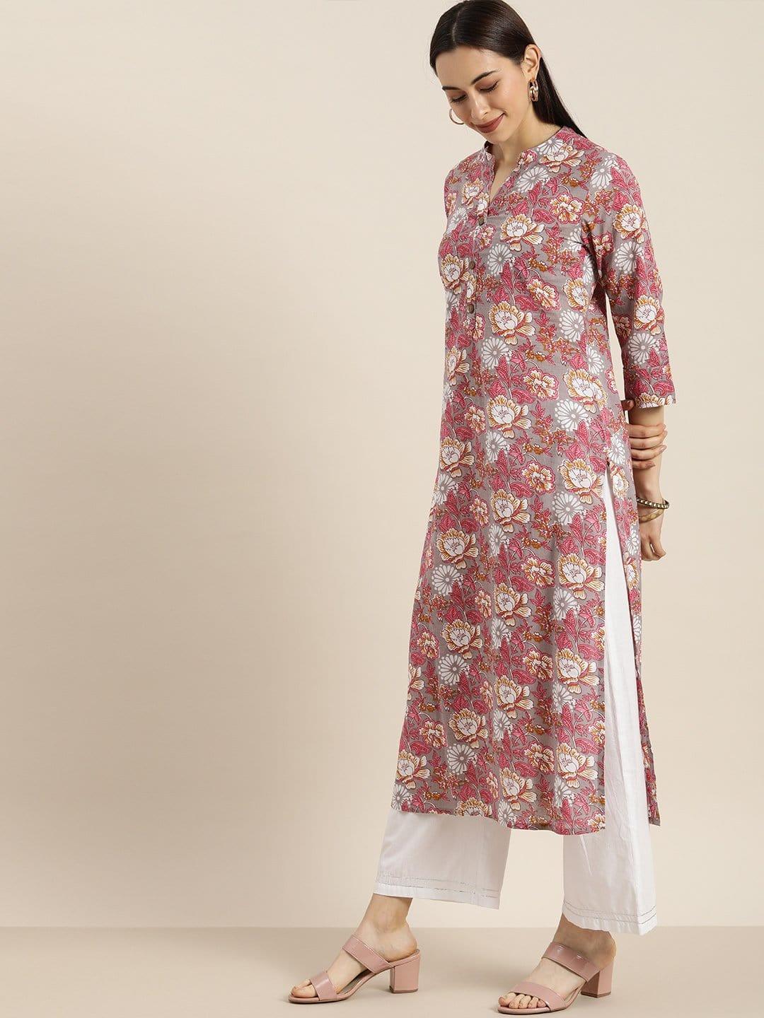 KSUT Grey And Pink Kalamkari Printed Kurta With Roll Up Sleeves - Indiakreations