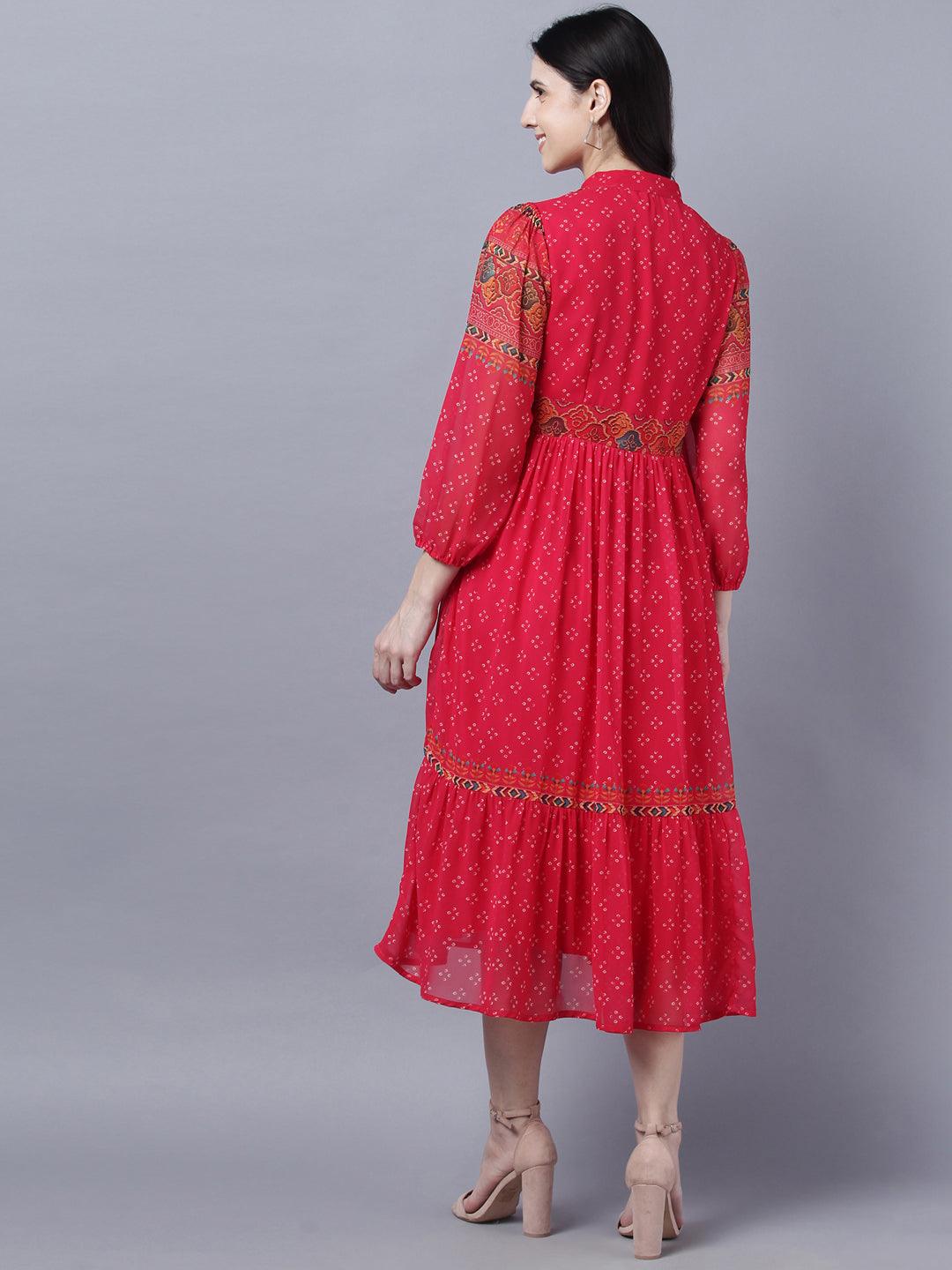 Women's Stylish Red 3/4 Sleeve Dress - Myshka - Indiakreations