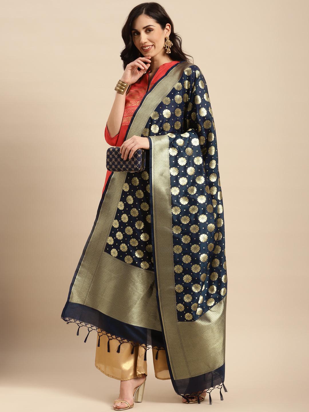 Women's Blue Color Ethnic Motifs Woven Design Dupatta With Zari - Varanasi - Indiakreations