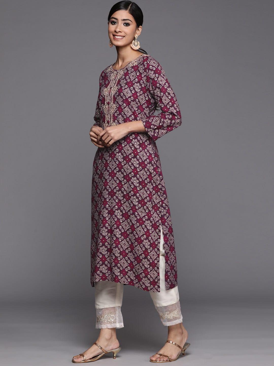 Varanga Women Burgundy & Golden Bandhani Printed Mirror Work Kurta - Indiakreations