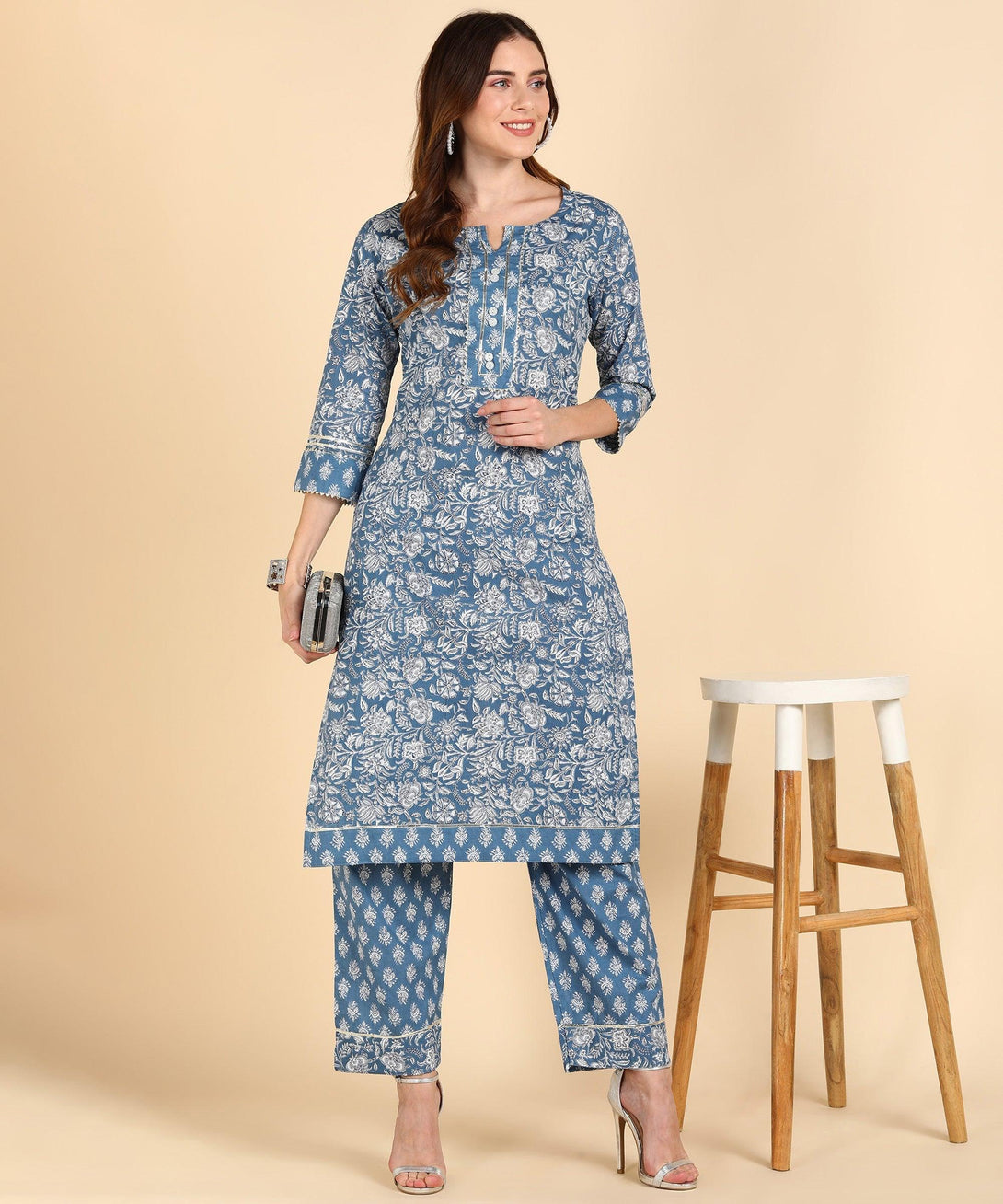 Women's Cotton Blue Printed Kurta Pant - Noz2Toz - Indiakreations