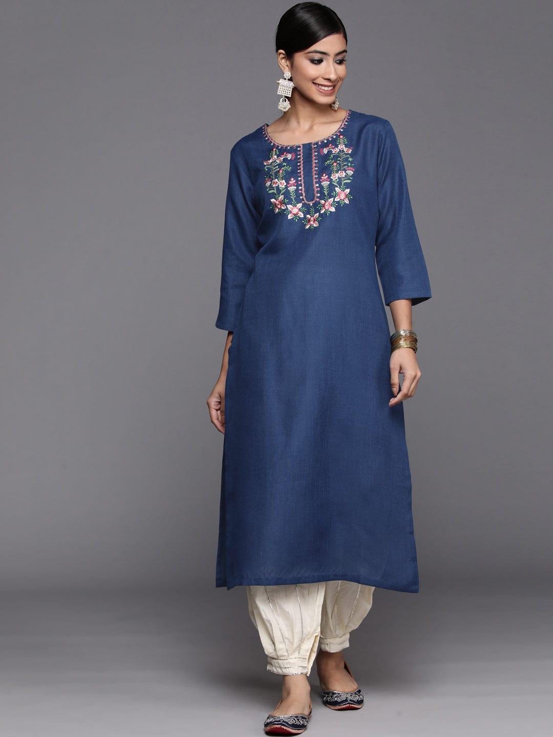 Varanga Women Navy Blue Floral Yoke Design Thread Work Floral Cotton Kurta - Indiakreations