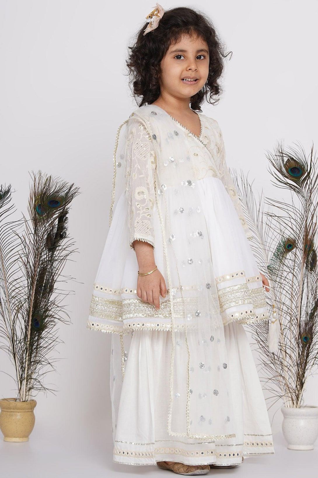 Girl's Cotton Floral Embroidery And Lacework Angrakha Kurta With Sharara And Dupatta - White - Little Bansi Girls - Indiakreations