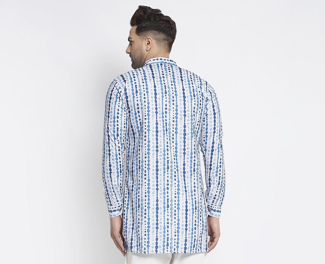 Men's Blue & White Asymmetric Printed Short Kurta - Benstoke - Indiakreations