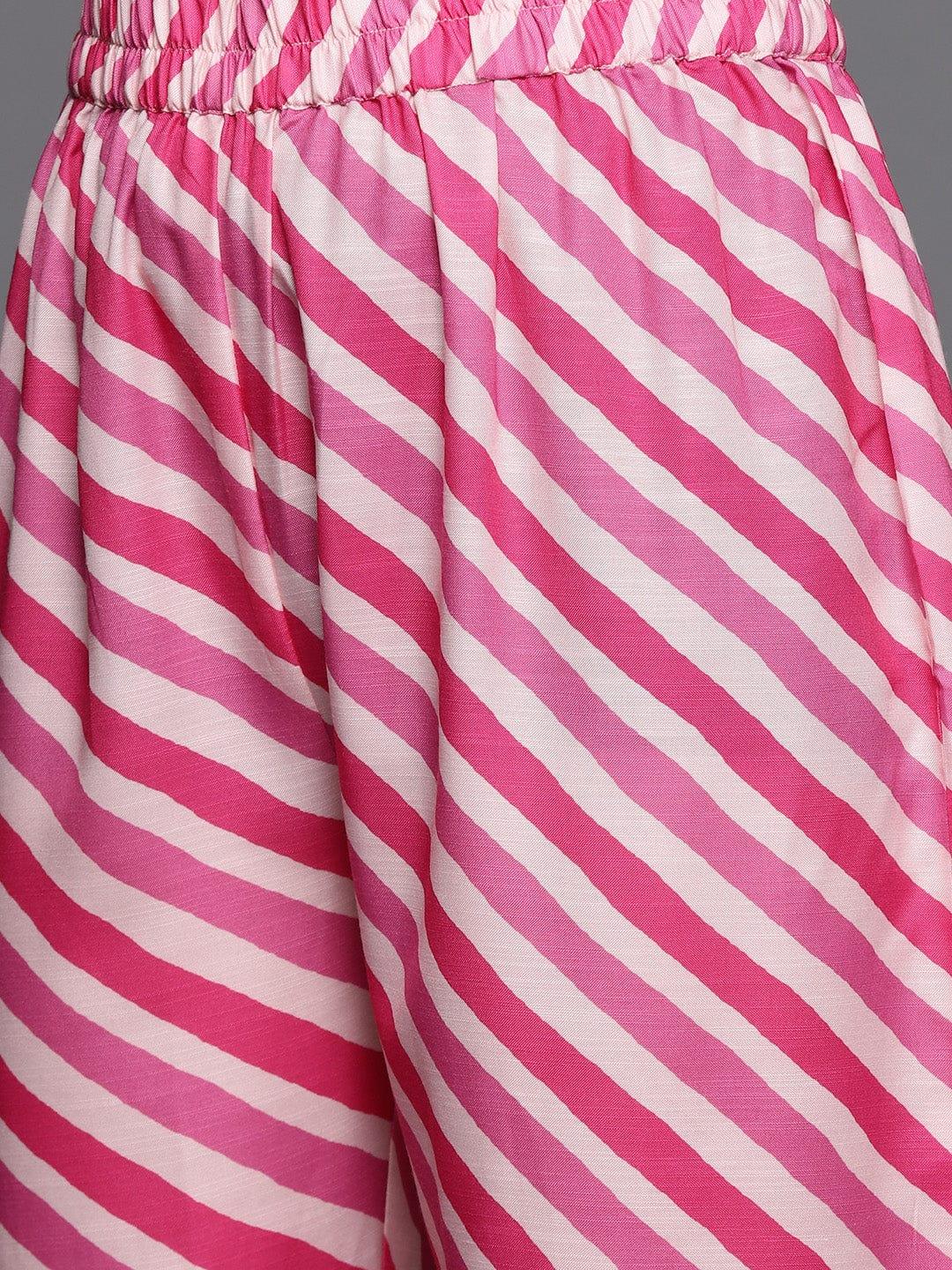 Varanga Women Fuchsia Pink & White Leheriya Striped Gotta Patti Kurta with Trousers - Indiakreations