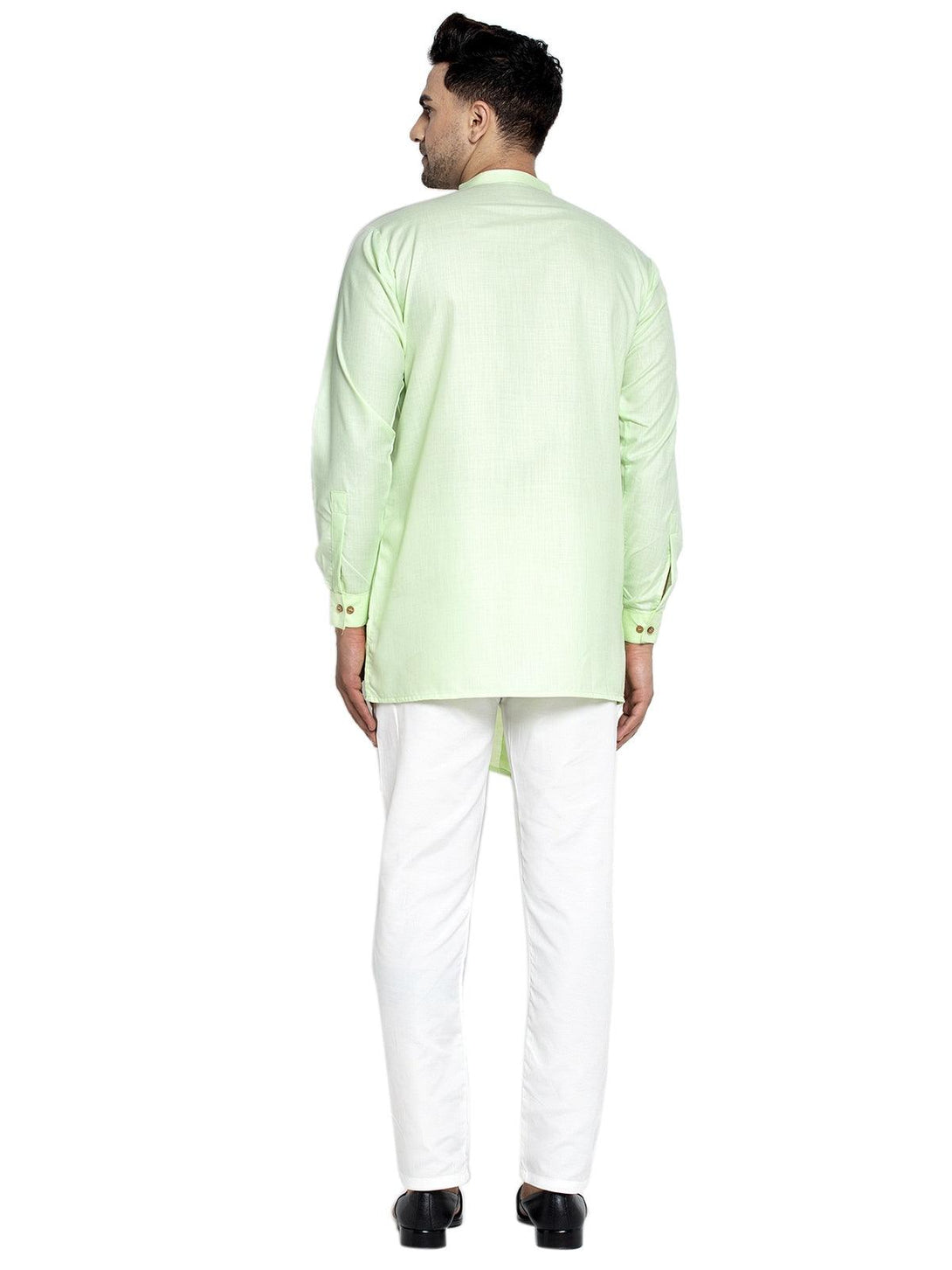 Men's Cotton Green Asymmetric Solid Kurta With White Trousers - Benstoke - Indiakreations