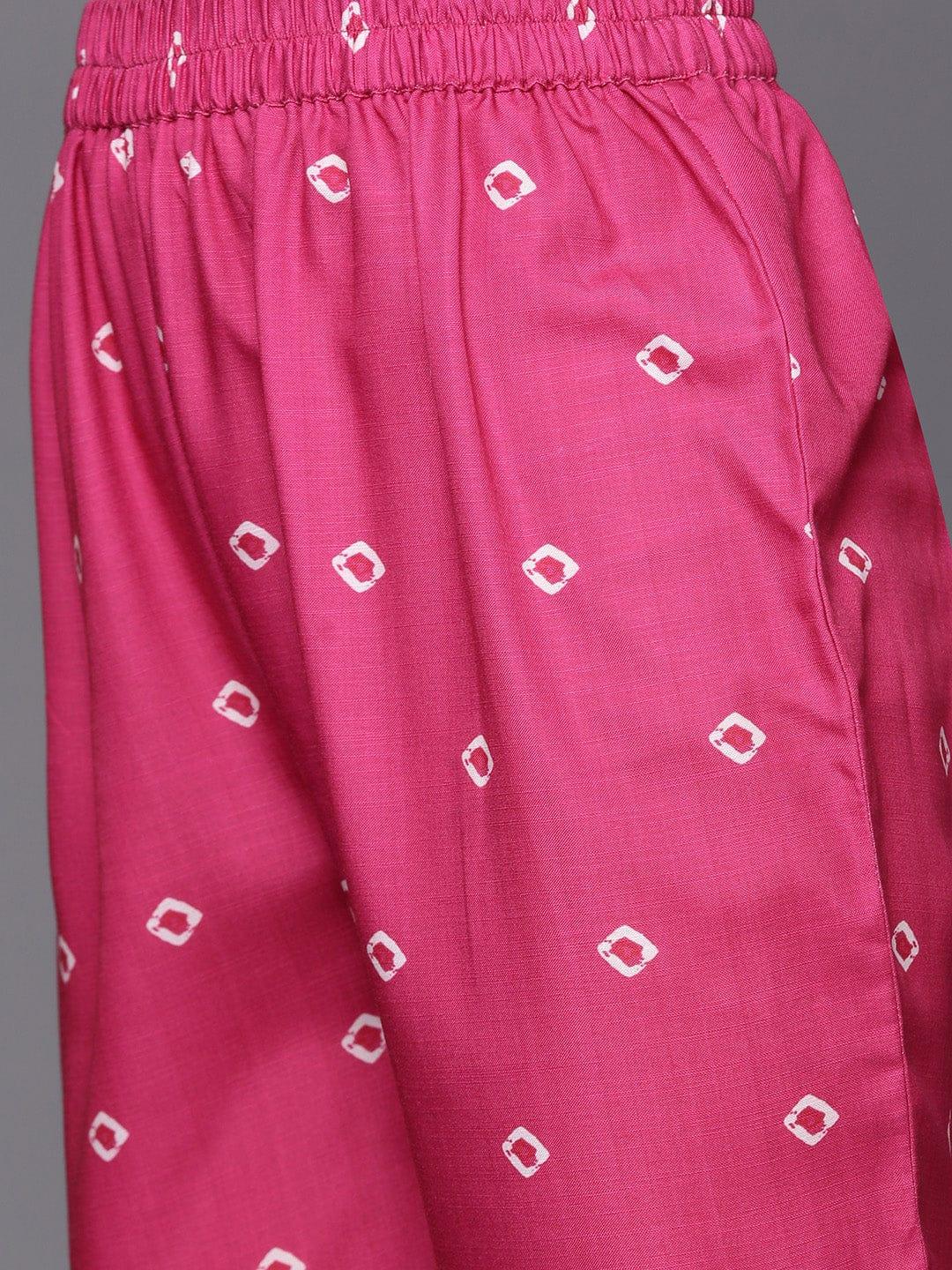 Varanga Women Pink Bandhani Printed Sequinned Kurta with Trousers - Indiakreations