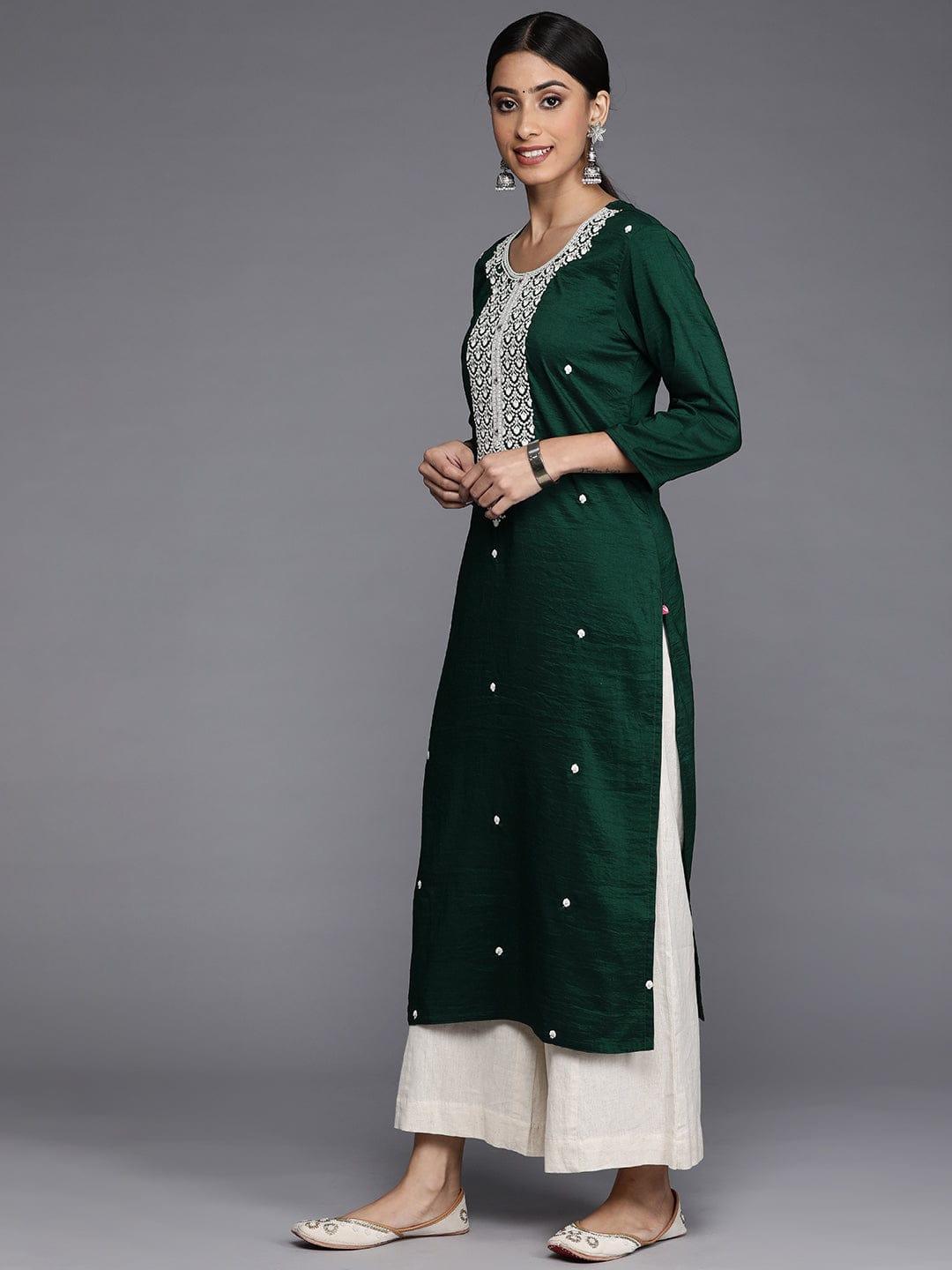 Varanga Women Green & White Ethnic Motifs Yoke Design Thread Work Raw Silk Kurta - Indiakreations