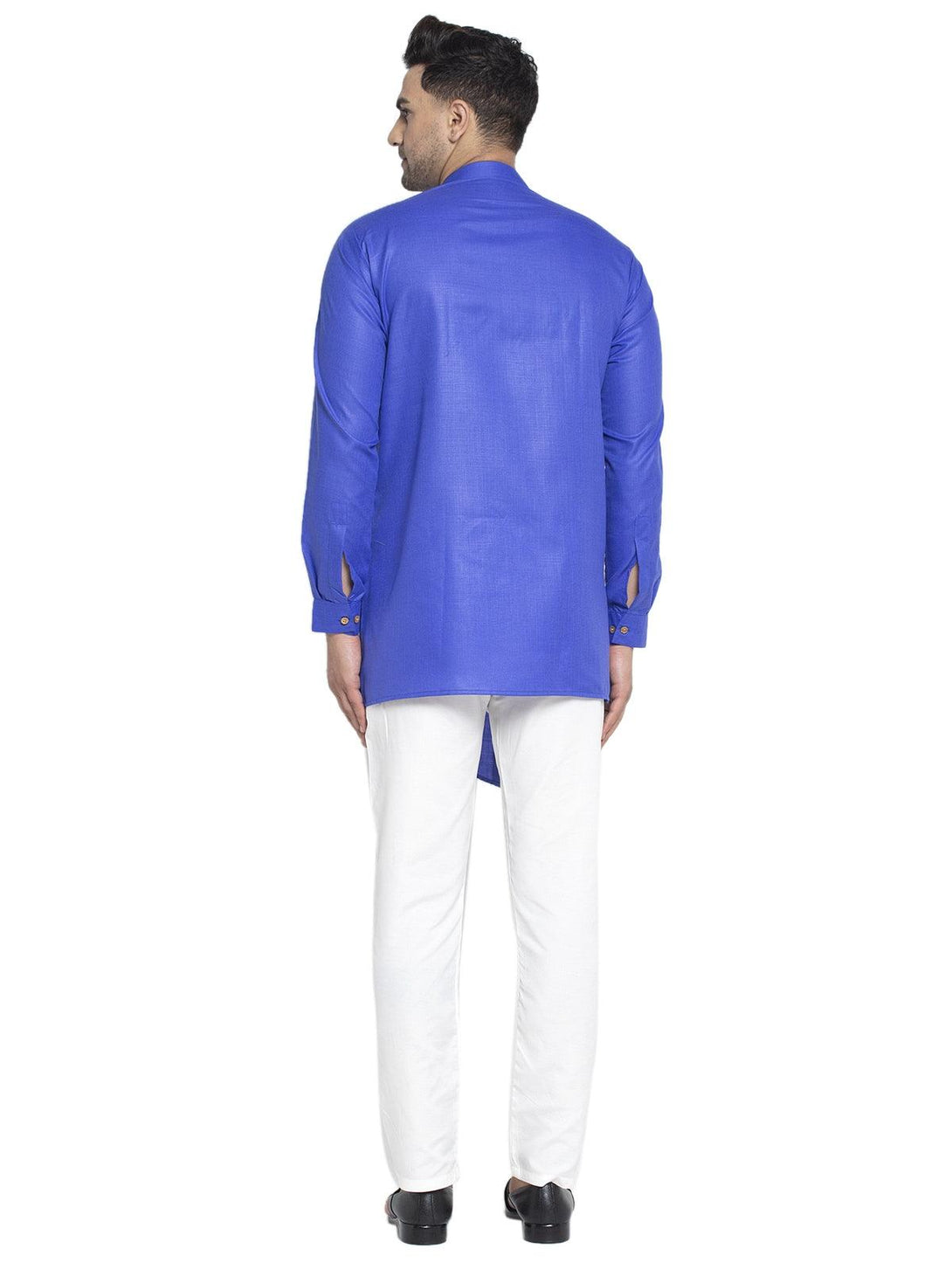 Men's Cotton Royal Blue Asymmetric Solid Kurta With White Trousers - Benstoke - Indiakreations