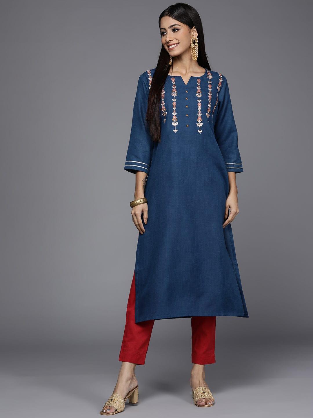 Varanga Women Blue Floral Embroidered Thread Work Indigo Kurta - Indiakreations