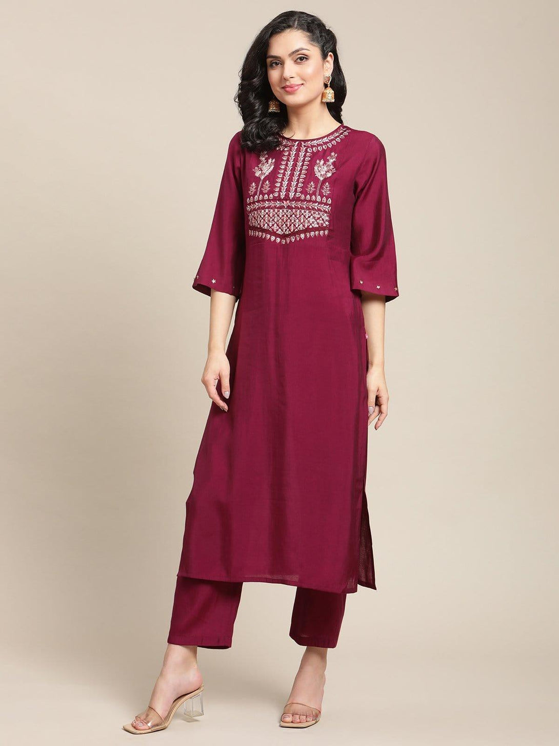 Wine Zari And Resham Yoke Embroidery Kurta Trouser Set With Mauve Silk Dyed Dupatta - Indiakreations