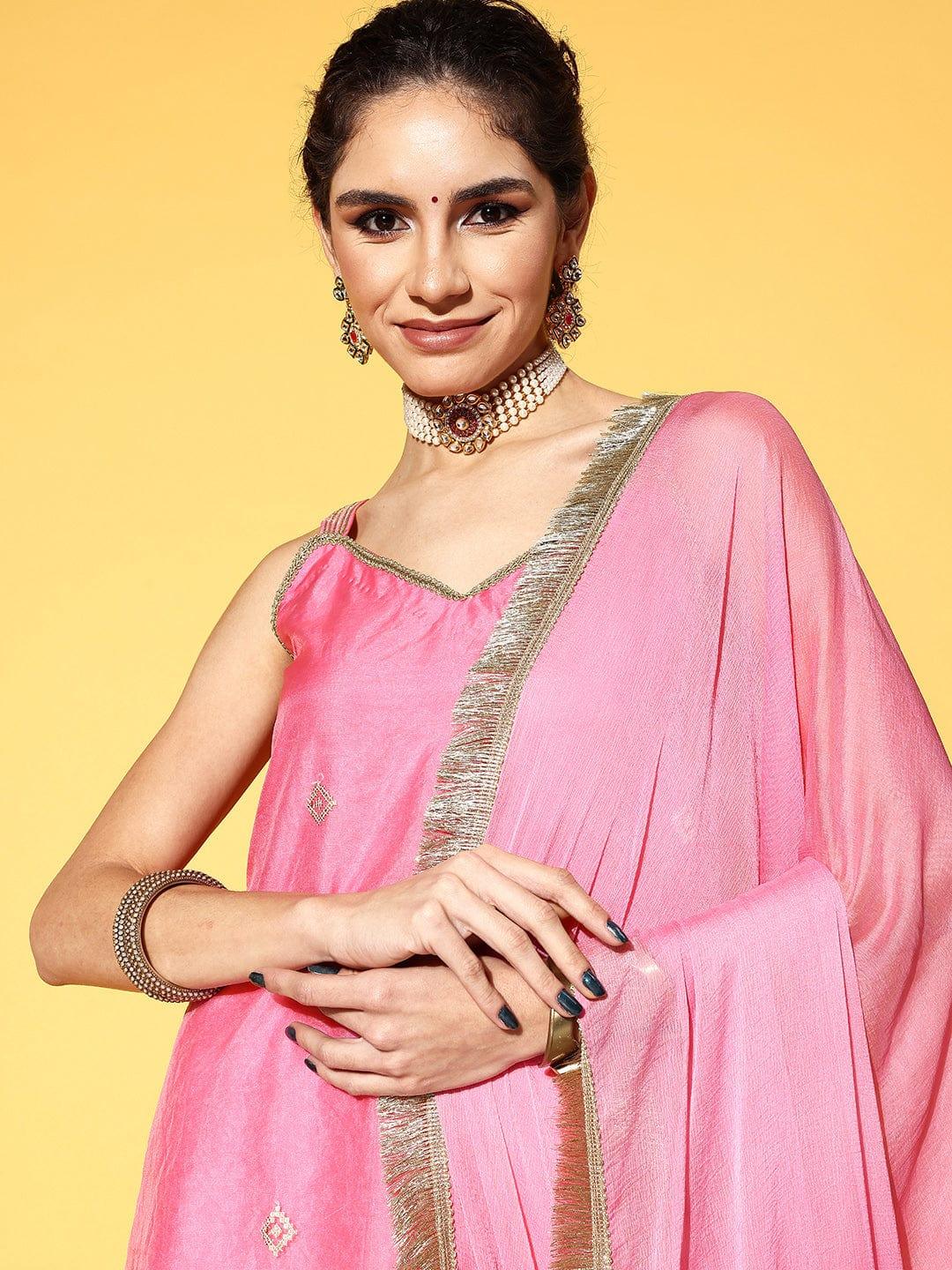 Varanga Women Pink Embroidered Sequinned Kurta with Sharara & Dupatta - Indiakreations