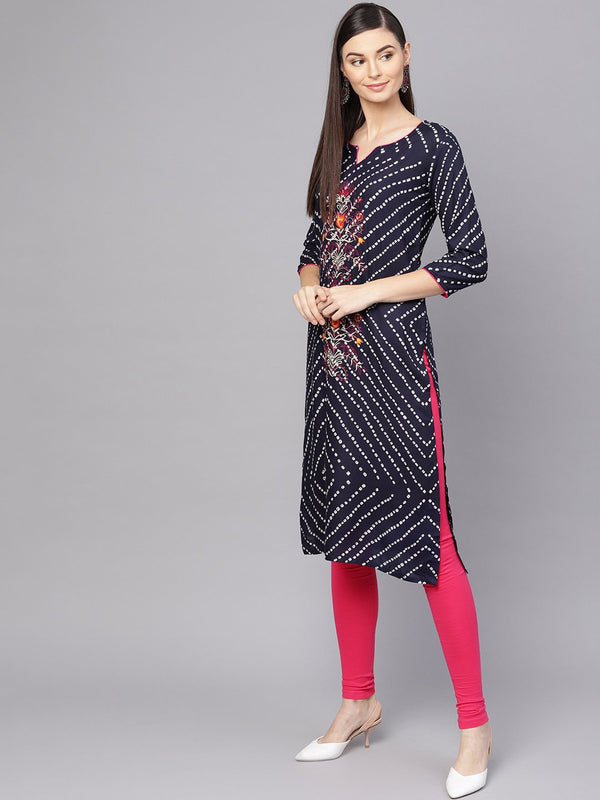 Women's Navy Blue & White Bandhej Printed Straight Kurta - Anubhutee