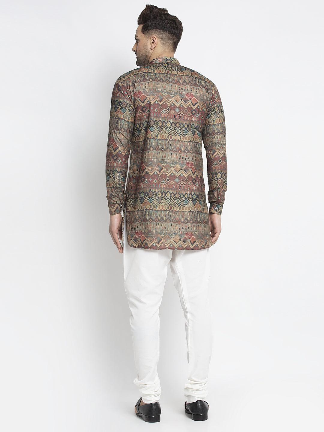 Men's Multicolored Printed Short Kurta With White Pyjama - Benstoke - Indiakreations