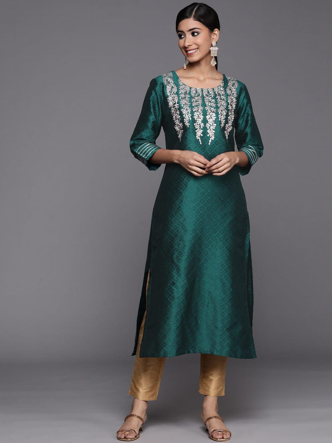 Varanga Women Green & Golden Floral Yoke Design Gotta Patti Jacquard Kurta - Indiakreations