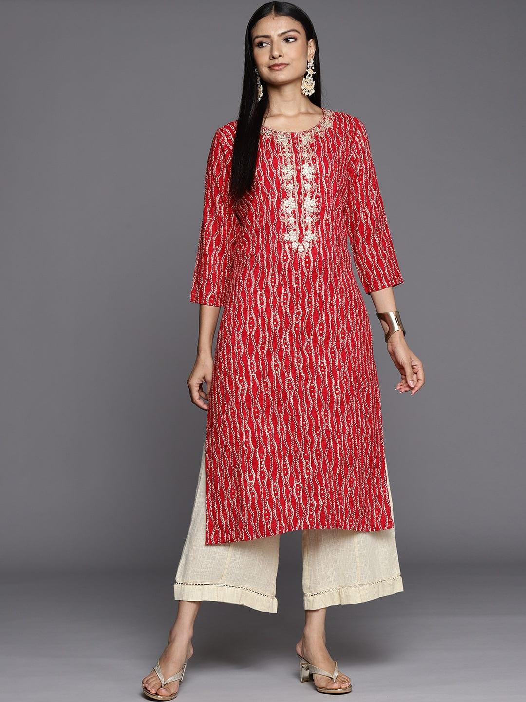 Varanga Women Red & Gold-Toned Bandhani Printed Gotta Patti Kurta - Indiakreations