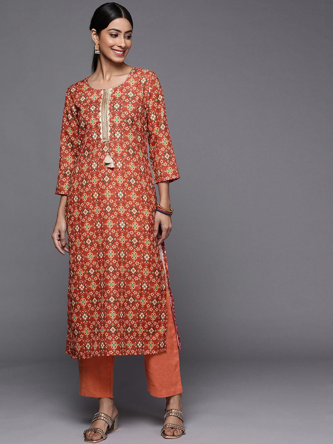 Varanga Winter red printed kurta with lace embalishment - Indiakreations