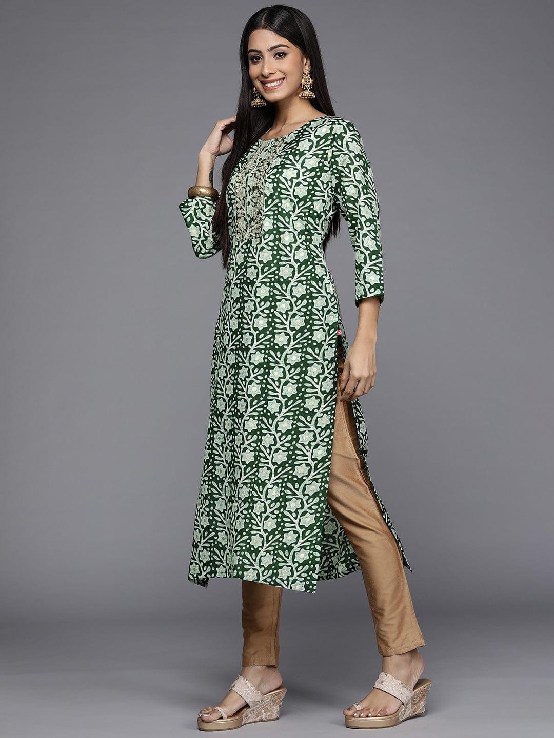 Varanga Women Green Floral Printed Zardozi Kurta - Indiakreations