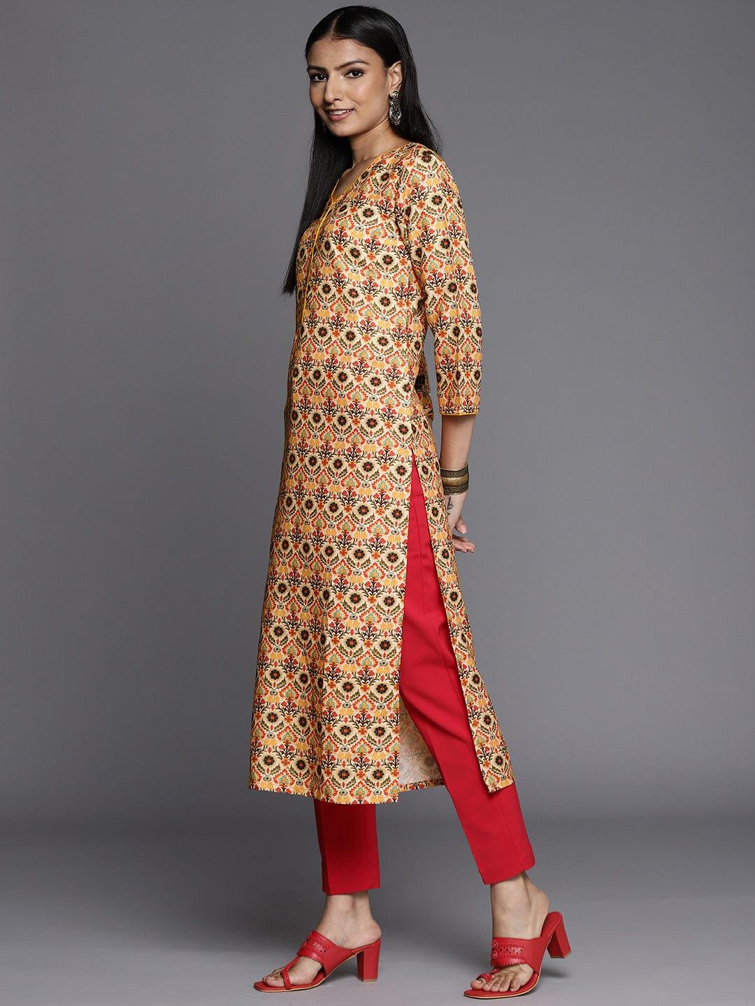 Varanga Winter Yellow colour V neck allover print kurta - Indiakreations