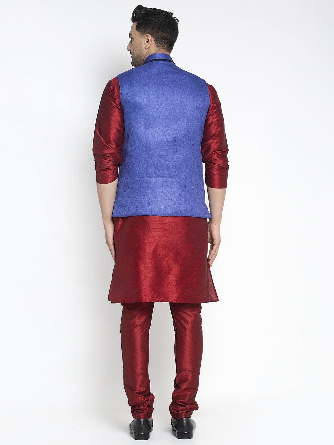 Men's Silk Blend Maroon Kurta With Pyjama & Royal Blue Nehru Jacket - Benstoke - Indiakreations