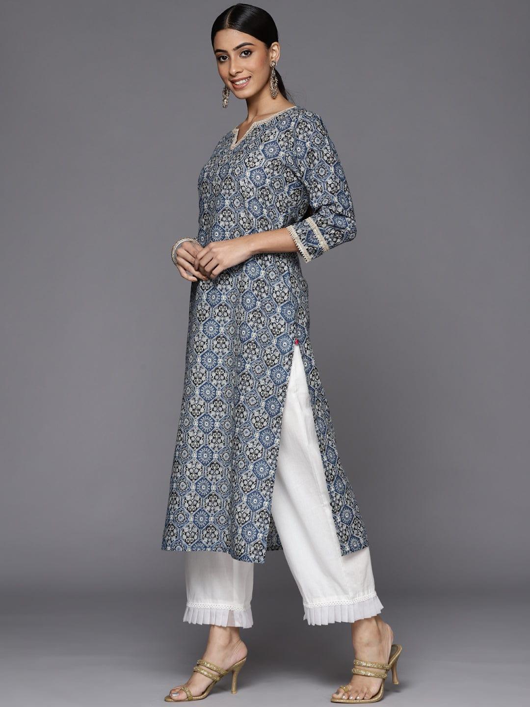 Varanga Winter Blue printed straight kurta with Lace Embellishment - Indiakreations