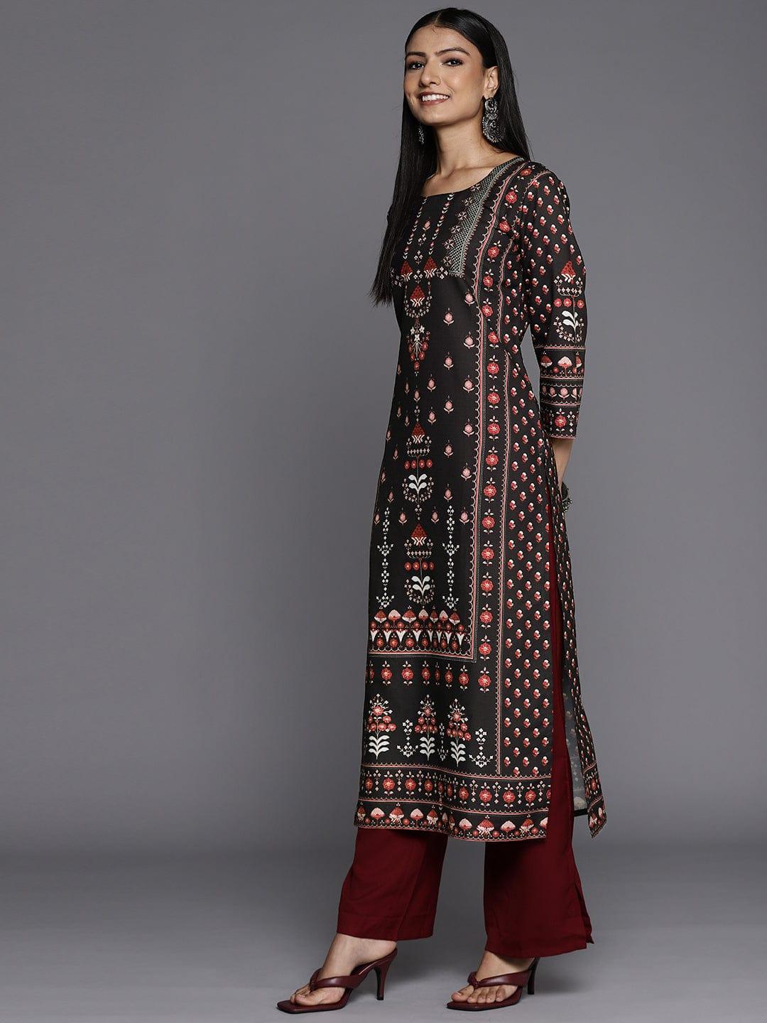 Varanga Women Black Ethnic Motifs Printed Round Neck Winter Kurta - Indiakreations